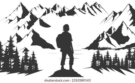Mountain landscape with coniferous trees. Horizontal seamless mountains background. Mountain landscape vacation hiking concept. Vector black illustration on white isolated.