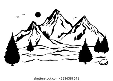 Mountain landscape with coniferous trees. Horizontal mountains background. Black and white. Mountain landscape vacation hiking concept. Vector.