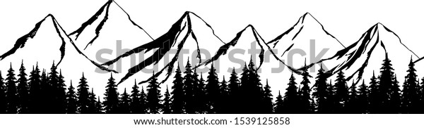 Mountain landscape with coniferous trees. Horizontal seamless mountains background. Mountain landscape vacation hiking concept. Vector black illustration on white isolated.