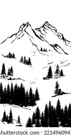 Mountain landscape with coniferous trees. Wallpaper for smartphone. Mountain and forest sketch. Concept of tkrism, vacation, hiking in the mountains. Monochrome landscape on a white background. Rocky 