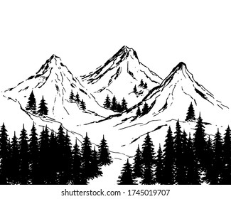 mountain landscape with conifers and forest. Sketch freehand drawing of a forest on a background of mountains. Mountain hiking, vacation concept. Vector black illustration isolated on white.