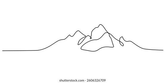 Mountain Landscape Continuous Line Drawing. Mountain Vector Line Art Trendy Drawing for Minimalist Design. Travel and Adventure Concept in Simple Linear Style. Not AI