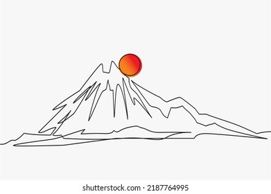 Mountain Landscape Continuous One Line Drawing. Mount Fuji In Full Sun Hand Drawn Silhouette. Nature, Rock Panoramic Ketch. Fujiyama Minimalistic Contour Vector Illustration. Eps 10.