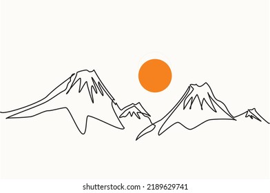 Mountain landscape continuous one line drawing vector. Mount Fuji in full sun hand drawn silhouette. Nature, rock panoramic ketch. Fujiyama minimalistic contour illustration. Isolated linear design el