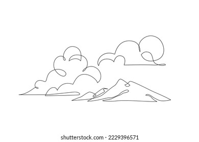 Mountain landscape continuous one line vector drawing. Abstract line drawing line with mountains, sun, cloudscape. Vector nature wallpaper for minimal poster, template