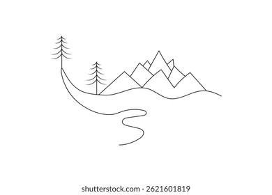 Mountain landscape continuous one line art of outline vector drawing
