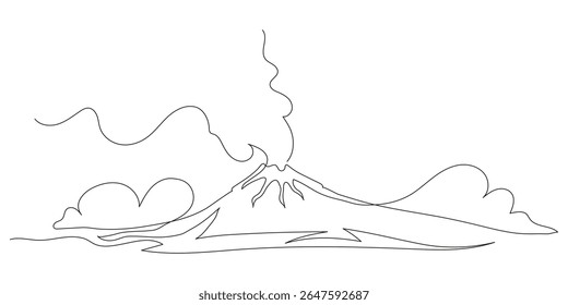 Mountain landscape in continuous one line style. Hand-drawn silhouette of Mount Fuji. Minimalist vector contour illustration of nature, rocks, and panoramic scenery. Isolated linear design.