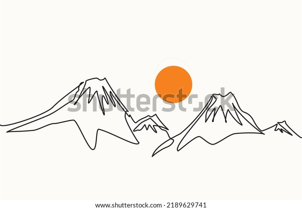 Mountain landscape continuous one line drawing vector.\
Mount Fuji in full sun hand drawn silhouette. Nature, rock\
panoramic ketch. Fujiyama minimalistic contour illustration.\
Isolated linear design\
el