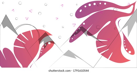 Contorno de paisaje de montaña con sol delante de grandes hojas de gradiente. Ilustración del vector abstracto.