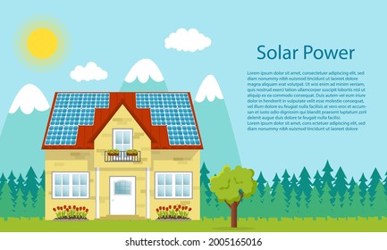 Mountain landscape with a cottage with solar panels on the roof. Banner with a house with photovoltaic panels on its roof. Solar power concept. Horizontal banner template. Flat vector illustration.