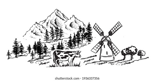 Mountain landscape. Cow in black. Windmill. Sketch style, Vector illustration.	