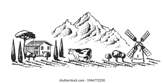 Mountain landscape, Cow, Windmill. Sketch style, Vector illustration.	