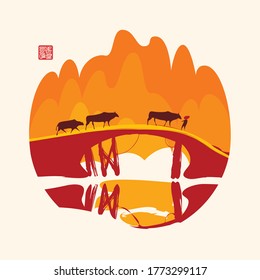 Mountain landscape with cows walking on a bridge in the style of Chinese or Japanese watercolors. Decorative vector banner in brown and orange colors in the shape of a circle