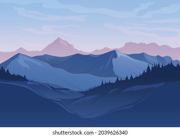 Mountain landscape created by imagination in the format of vector graphics. Silhouette of mountains against the background of the morning sky.