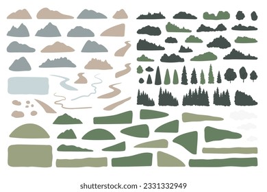 mountain landscape creator clipart, vector travel illustration, road trip clip art, mountain scene images in flat cartoon style, abstract nature, rock forest tourist hiking