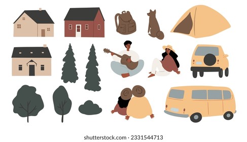 mountain landscape creator clipart, vector travel illustration, road trip clip art, mountain scene images in flat cartoon style, abstract nature, rock forest tourist hiking