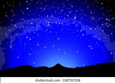 Mountain landscape, dark night silhouette of the earth landscape against the background of space. Earth and the milky way galaxy