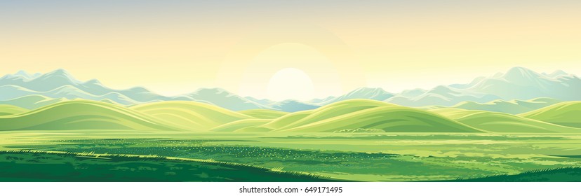 Mountain landscape with a dawn, an elongated format for the convenience of using it as a background.