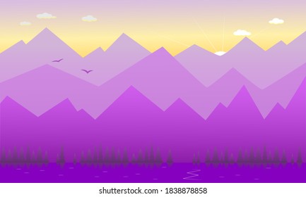 Mountain landscape. Dawn in the mountains. Vector horizontal background in flat style.