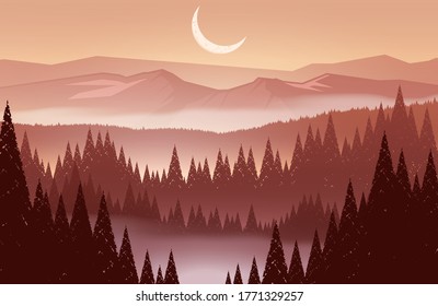 Mountain landscape at dawn with snowy peaks, pine forest and bright crescent in the sky.	