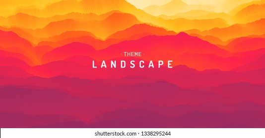 Mountain landscape with a dawn. Sunset. Mountainous terrain. Hills silhouette. Abstract background. Vector illustration. 