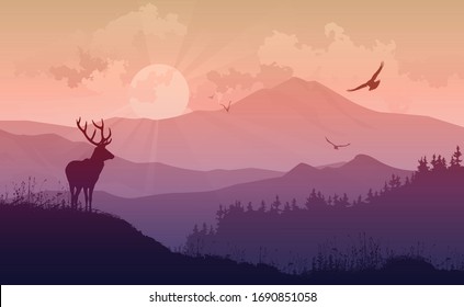 mountain landscape with a deer and birds flying to the sun, vector illustration, silhouette composition with good detail