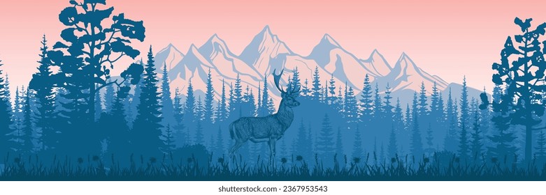 Paisaje montañoso, ciervo en el bosque contra el telón de fondo de los picos de montaña, vista panorámica, ilustración vectorial