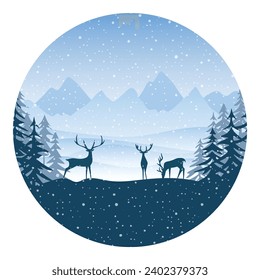 Mountain landscape, deer in the forest against the backdrop of mountain peaks, round design element, vector illustration