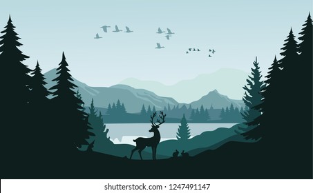 Mountain landscape with deer in a forest and lake