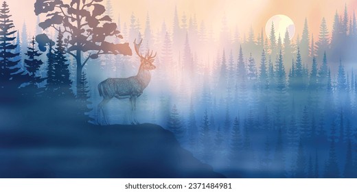 Paisaje montañoso, ciervo en un acantilado al amanecer, ilustración vectorial