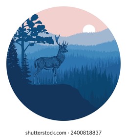 Mountain landscape, deer on a cliff at dawn, round design element, vector illustration