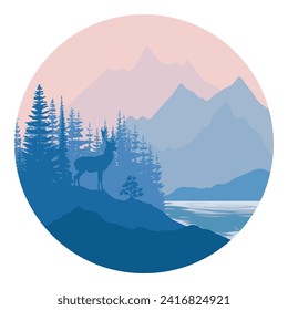 Paisaje de montaña, ciervo a orillas de un lago de montaña, elemento de diseño redondo, ilustración vectorial