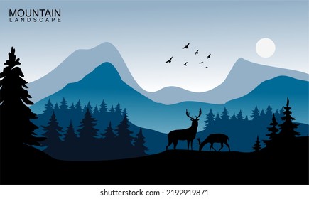 mountain landscape with deer and sun, vector illustration, silhouette composition with fine detail creative color gradation