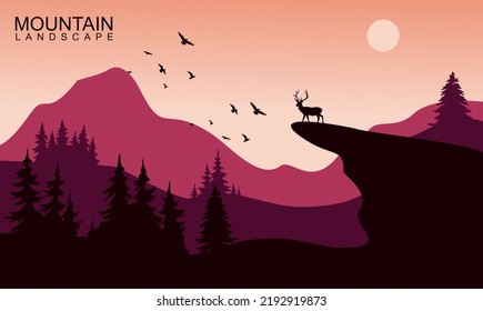 mountain landscape with deer and sun, vector illustration, silhouette composition with fine detail creative color gradation