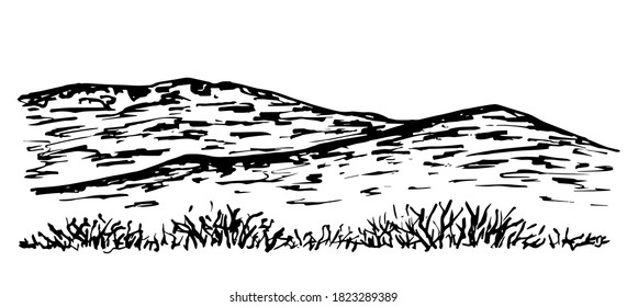 Mountain landscape, desert terrain, wilderness. Hills, dry plants, grass. Hand-drawn vector ink drawing. For prints, postcards, travel, tourism. Nature, panorama.