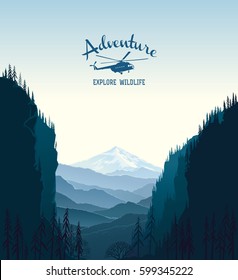 Paisaje de montaña y elemento de diseño con helicóptero de silueta.