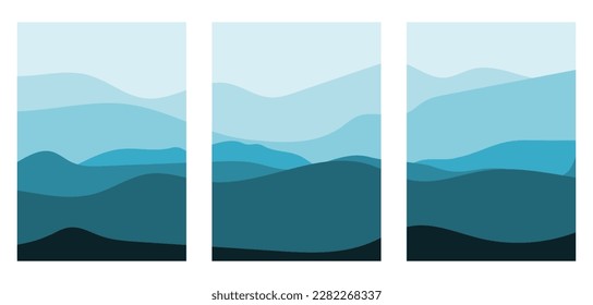 Gebirgslandschaft Design Wandkunst Vektor. Kollektion von blauer Landschaft für Tapeten, Wanddekor, Karte, Poster, Deckel, Druck. Vektorgrafik
