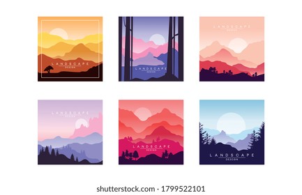 Mountain Landscape in Different Times of Day Set, Beautiful Nature Scenery for Poster, Banner, Flyer or Cover Vector Illustration