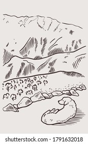 Mountain landscape with a dog vector illustration in sketch style. Graphical style, imitating the engraving.