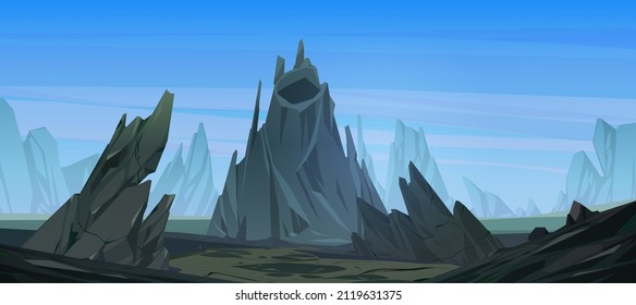 Mountain landscape with dormant volcano. Vector cartoon illustration of nature scene with rocks, cliffs, extinct volcano with crater and cover of frozen lava, solidified magma flows