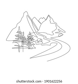 Mountain landscape drawn in one line. Continuous line Travel concept. Minimalistic graphics. Mountains and spruce.