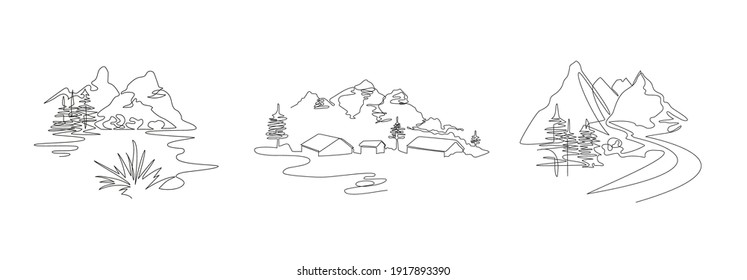 Mountain landscape, drawn in one line. Continuous line. Travels. Minimalistic graphics. Mountains and spruce. Set of illustrations.