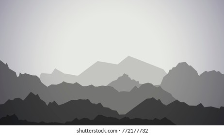 Mountain landscape at dusk. Vector illustration for landscape or game design. Silhouettes of mountains seen far away to the horizon. Rocky outlines.