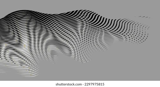 Mountain landscape effect in monochrome banner with grid moire geometric. Metaverse concept vector background for wall art, panel, poster, web banner, mobile apps, interior decor. 