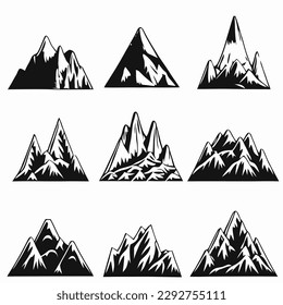Conjunto de elementos del paisaje de montaña. Montañas de verano. Logo de las montañas rocosas. Silueta de montaña. Icono del turismo rocoso. Forma de montaña rocosa. Cresta rocosa con grabado monocromo. Ilustración vectorial.
