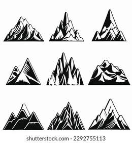 Mountain landscape element set. Summer mountains. Rocky mountains logo. Mountain peak silhouette. Rocky tourism icon. Rock mountain shape. Monochrome engraved rock ridge. Vector illustration.