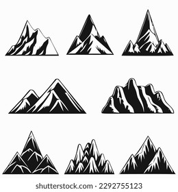 Mountain landscape element set. Summer mountains. Rocky mountains logo. Mountain peak silhouette. Rocky tourism icon. Rock mountain shape. Monochrome engraved rock ridge. Vector illustration.