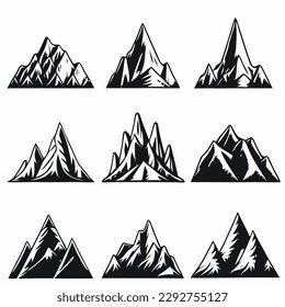 Mountain landscape element set. Summer mountains. Rocky mountains logo. Mountain peak silhouette. Rocky tourism icon. Rock mountain shape. Monochrome engraved rock ridge. Vector illustration.