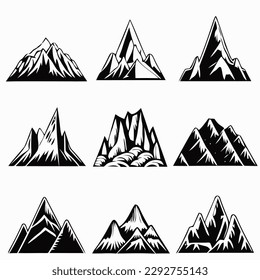 Berglandschaft Element gesetzt. Sommergebirge. Rocky Mountains Logo. Bergspitzensilhouette. Felsentourismus-Ikone. Gesteinte Bergform. Einfarbige Felsgravur. Vektorgrafik.