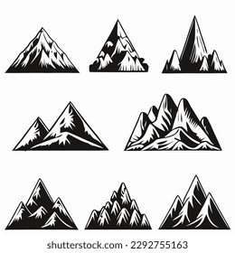 Conjunto de elementos del paisaje de montaña. Montañas de verano. Logo de las montañas rocosas. Silueta de montaña. Icono del turismo rocoso. Forma de montaña rocosa. Cresta rocosa con grabado monocromo. Ilustración vectorial.